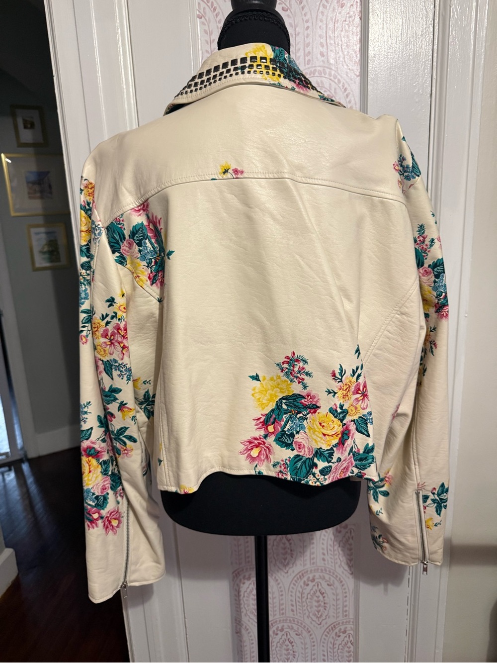 Ashley Nell Tipton Cream Floral Studded Faux Leather Moto Jacket - Picture 2 of 5
